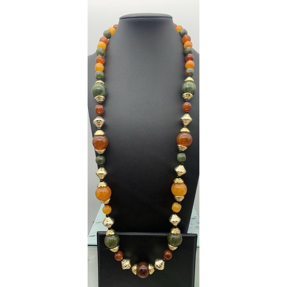 Vintage‎ Lucite Beaded Necklace Jewel Tone Colors & Gold Tone Beads 28"